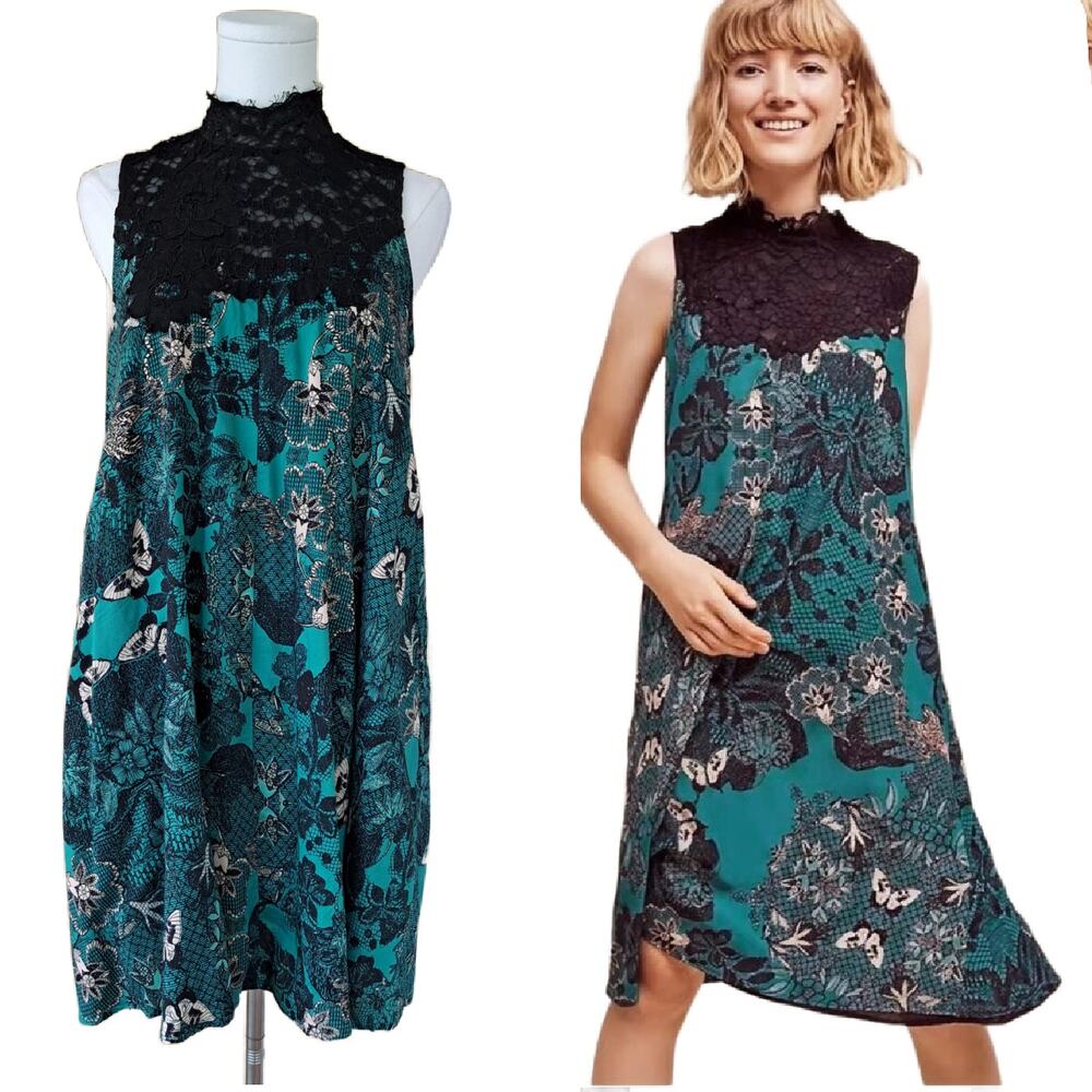 ANTHROPOLOGIE Maeve Butterfly Floral Lace Swing Mini Dress XS P Green Whimsigoth
